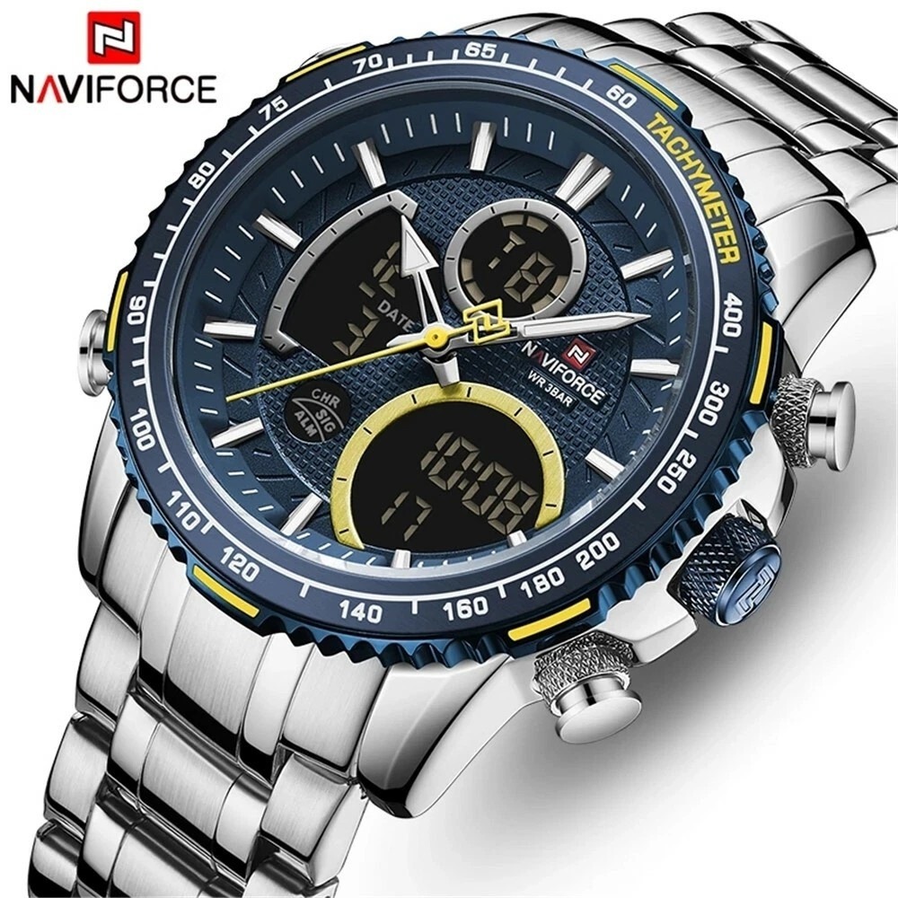 Naviforce Mens Dual Display Chronograph Watch Silver Blue NF9181‎ S/B/Y